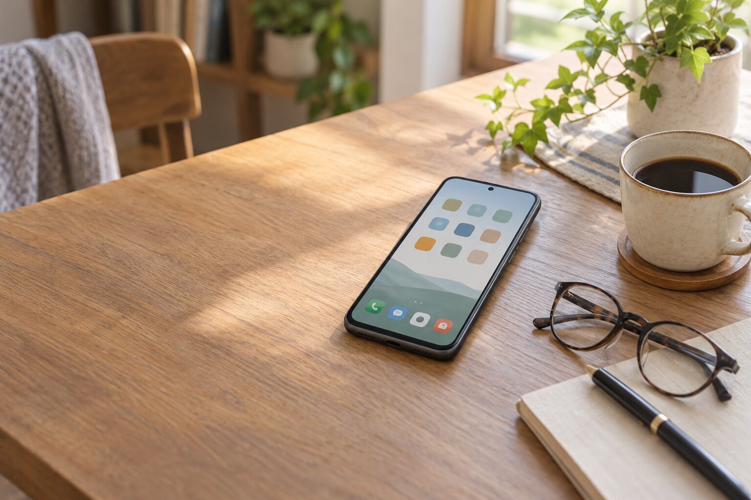 木のテーブルに置かれたスマートフォン